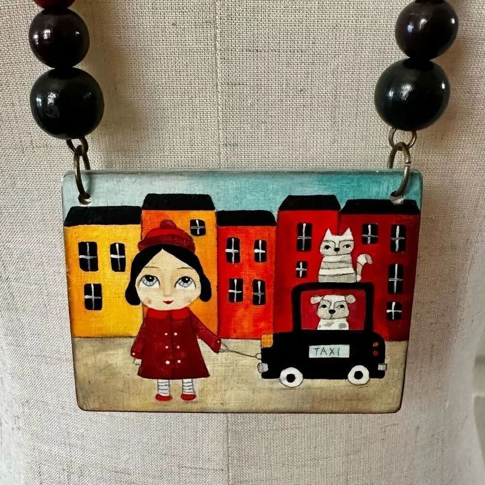 Taxi  rectangle painted beaded necklace